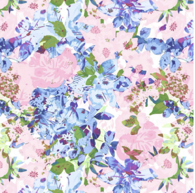 色とりどりの花と葉を画面全体に描いた佐藤あゆみの花柄作品